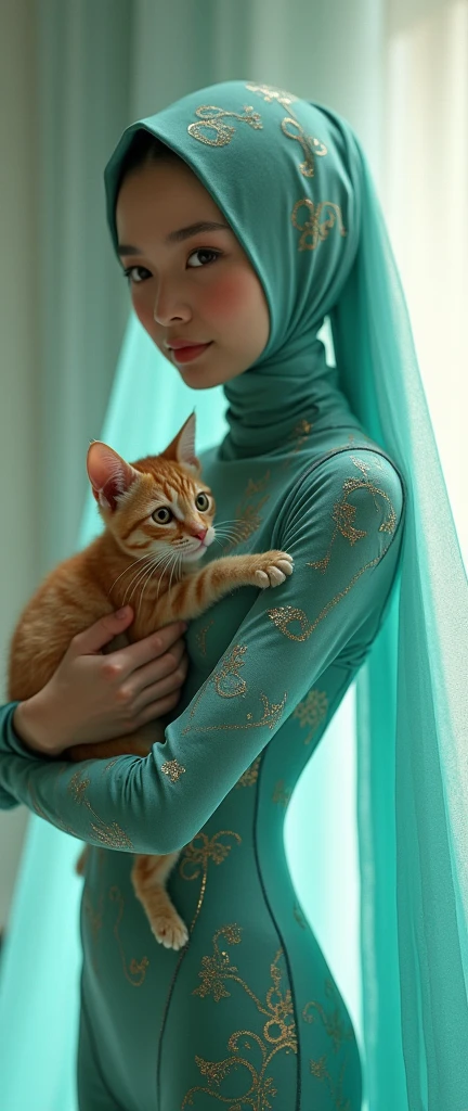 The most beautiful,thin,most pretty and clever Asian muslimah adult girl wears toothiana(Rise of the Guardians) lycra turtleneck unitard catsuit.She always wear toothiana lycra dancewear stretchy square hijab.She stands and hugs a cute little cat.