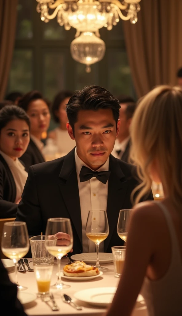Asian man 3 at a dinner table with several people looking with desire at an Asian woman 30 years old long blonde hair