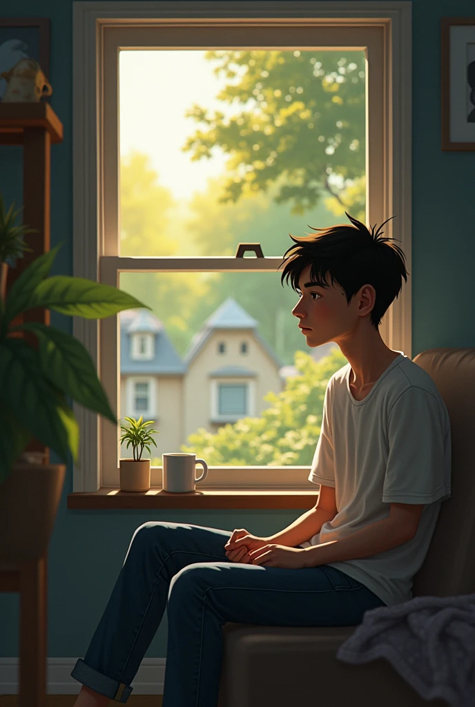 generates a 20-year-old boy who is sad watching the summer pass by his window