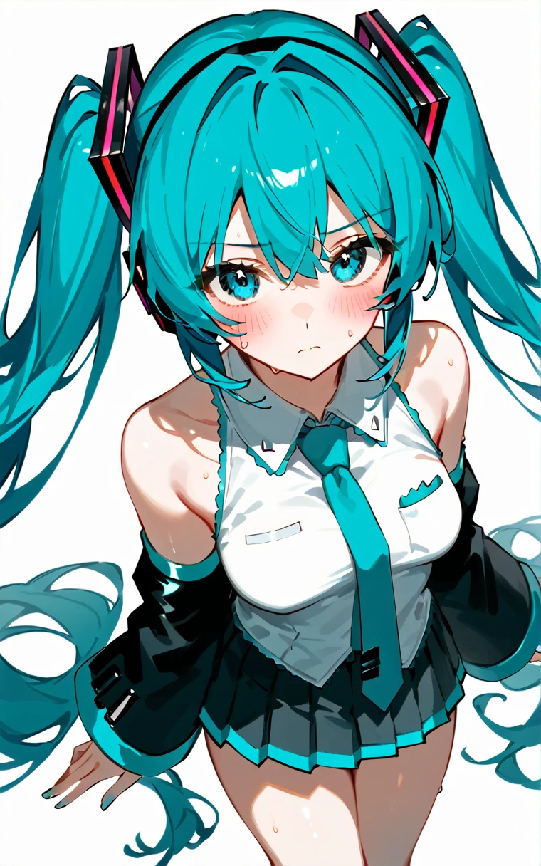 vocaloid, hatsune miku, absurd, high resolution, 1 girl, bare shoulders, black skirt, blue eyes, blue hair, blue tie, blush, breasts, collared shirt, separated sleeves, from above, frown, hair between the eyes, headphones, long hair, looking at viewer, looking up, medium breasts, microphone, miniskirt, tie, pleated skirt, shirt, skirt, pigtails, very long hair, sweat, thighs, white background, (nsfw:1.0), blushing,