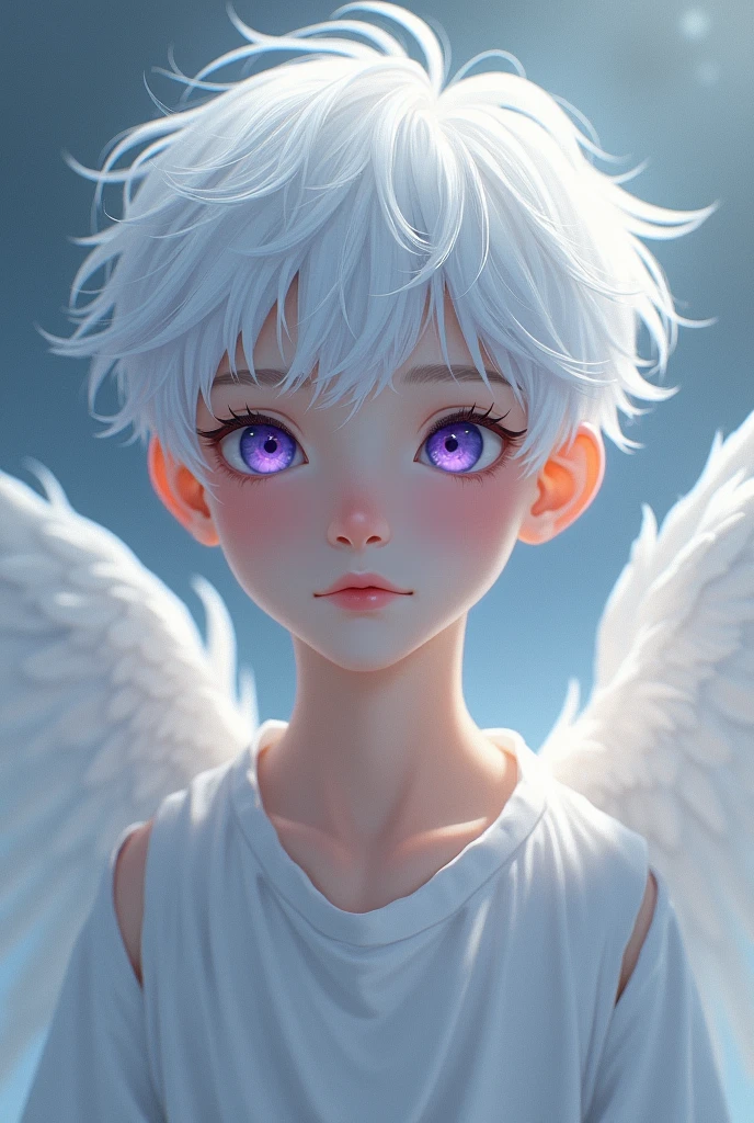 Angel man, adolescent, with white hair and purple eyes.