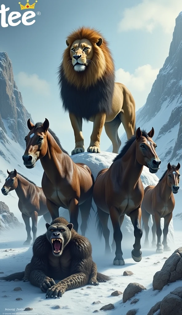 A ferocious lion stands successfully on the backs of horses lost in the snow. The jaguar has a roar, sharp teeth and strange fur, while the gorilla lies on the ground with its eyes wide open and its mouth trembling. The background is a rugged mountain and a cool sky that shows the extreme setting. The word tee is prominently displayed at the top with a crown emblem.