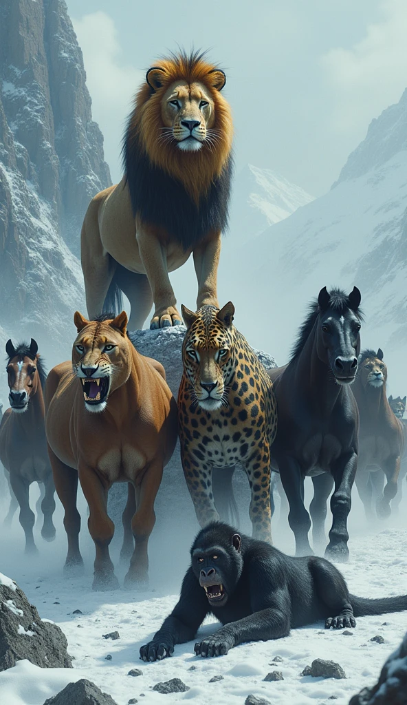 A ferocious lion stands successfully on the backs of horses lost in the snow. The jaguar has a roar, sharp teeth and strange fur, while the gorilla lies on the ground with its eyes wide open and its mouth trembling. The background is a rugged mountain and a cool sky that shows the extreme setting. The word tee is prominently displayed at the top with a crown emblem.
