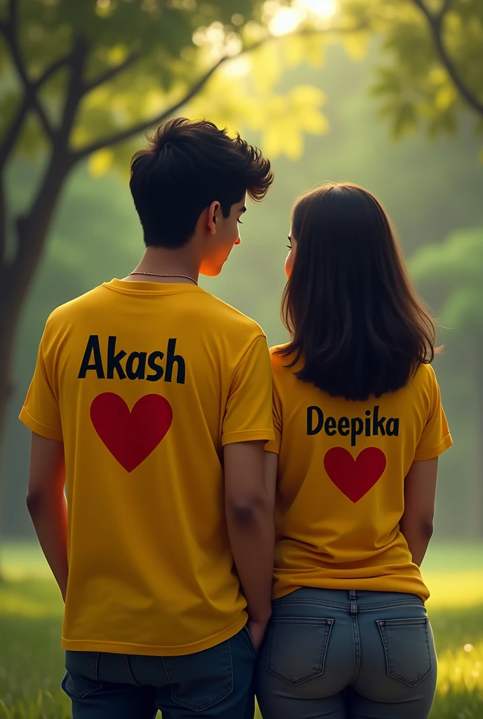 A young couple, enjoying a peaceful movement on a park, both wearing yellow t shirts then boy's t shirt has tha name is AKASH written in deep black letters positioned above a red heart similarly the girls t shirts
featuras the name DEEPIKA dark black letters aiso above a heart and don't show her faces