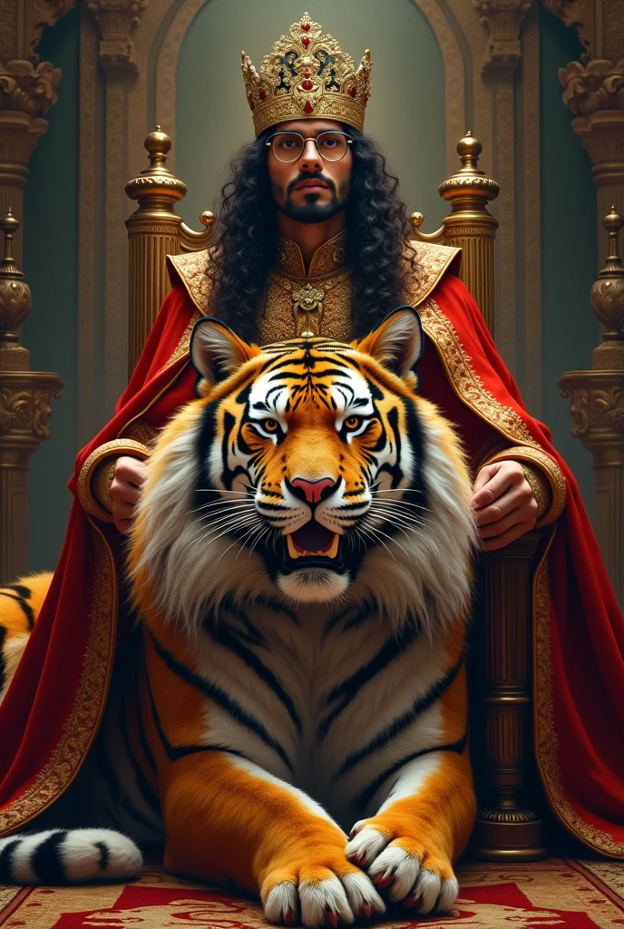 (photorealism:1.2), King's name raja wira jagad sakti, sitting on big fury tiger, wearing malay royal suit, long curly hair, indoors, enhance lighting, thunder in background, , majestic room, relaxed pose, realistic, intricate details, majestic colors, by Greg Rutkowski, by Alphonse Mucha