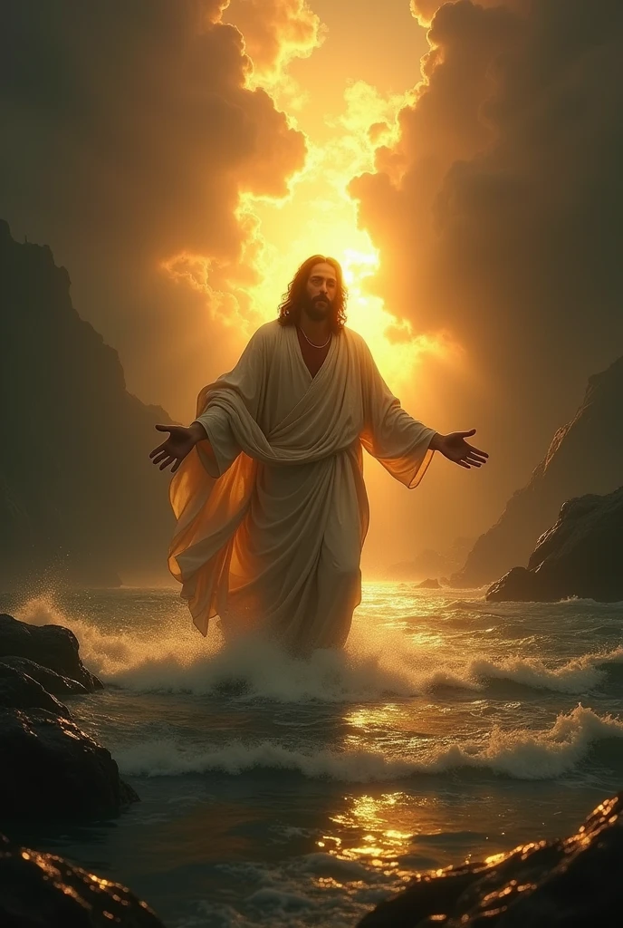 {[full bodyof jesus]], religious, spiritual, serene expression, divine light, heavenly glow, glowing aura, cinematic lighting, dramatic lighting, chiaroscuro, renaissance style, oil painting, detailed brushstrokes, highly realistic, photorealistic, 8k, best quality, masterpiece. IN THE SEA