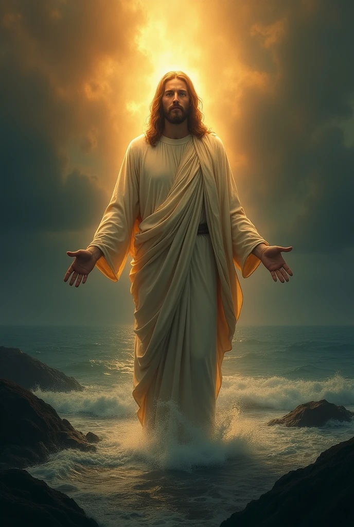 {[full bodyof jesus]], religious, spiritual, serene expression, divine light, heavenly glow, glowing aura, cinematic lighting, dramatic lighting, chiaroscuro, renaissance style, oil painting, detailed brushstrokes, highly realistic, photorealistic, 8k, best quality, masterpiece. IN THE SEA