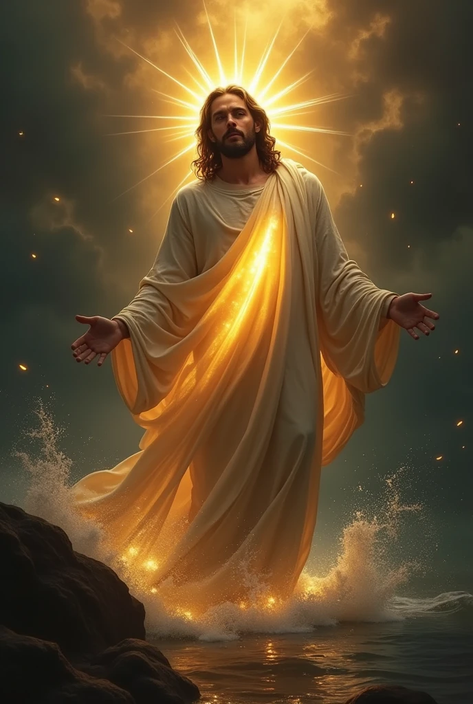 {[full bodyof jesus]], religious, spiritual, serene expression, divine light, heavenly glow, glowing aura, cinematic lighting, dramatic lighting, chiaroscuro, renaissance style, oil painting, detailed brushstrokes, highly realistic, photorealistic, 8k, best quality, masterpiece. IN THE SEA