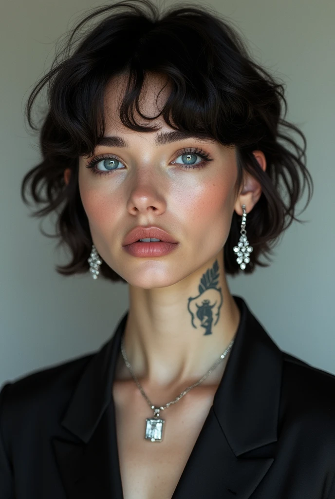 Latina girl with white skin, short hair, blue eyes and tattoos dressed elegantly