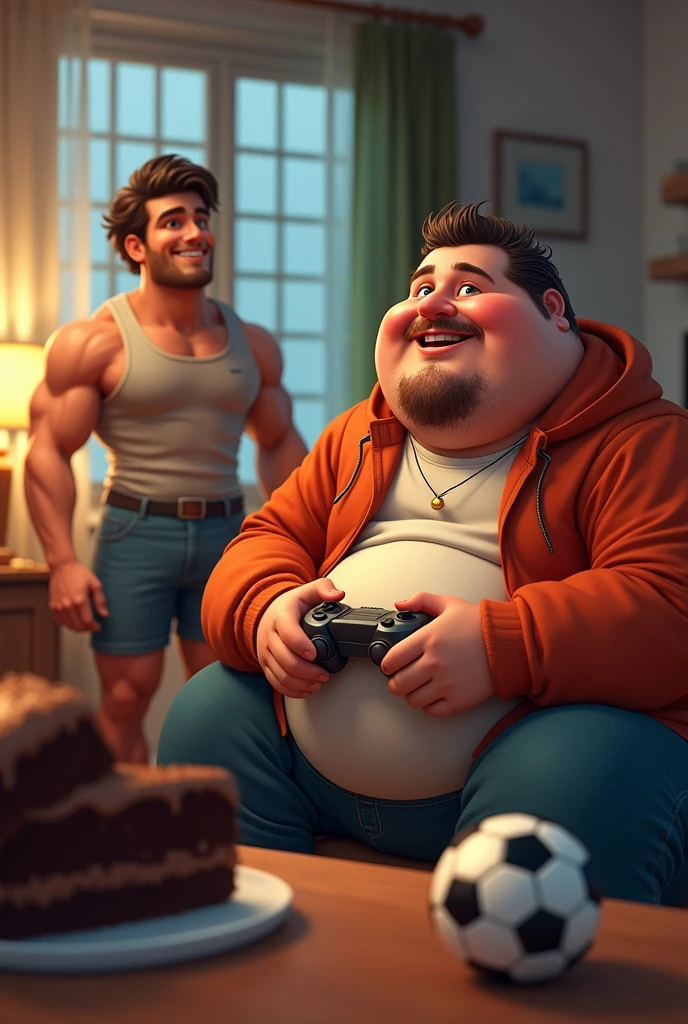 Make me a fat guy, playing efootball and eating very sweet chocolate cake, with his friend, gostoso,brawny, it's beautiful.