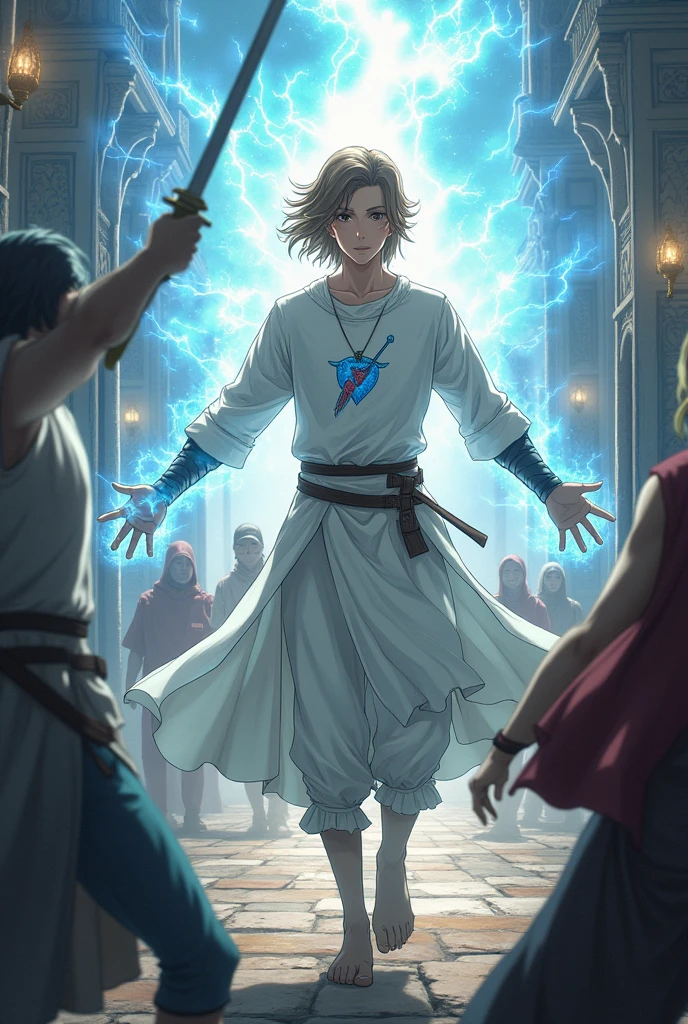 a young half-elf man with delicate, feminine features and shoulder-length light brown hair.
wearing white medieval clothing with a symbol of a light blue feather over a red heart drawn on the clothes at chest height.
protecting innocents with a barrier of light against sword attackers in the style of a medieval anime drawing