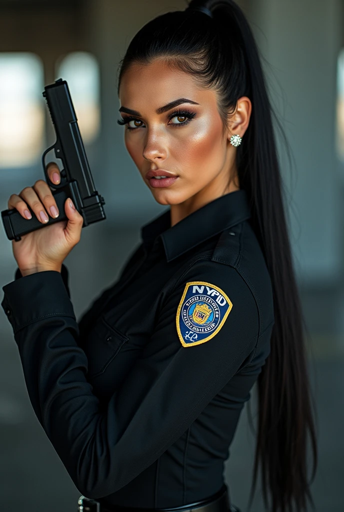 ultra realistic, photography, long black straight hair in a ponytail, elegant hair, (30 years old, hazel eyes, hourglass figure, perfect fit body, natural big breasts), serious look, femme fatale, long eyelashes, cat-eye make-up, she is from the NYPD and has her gun drawn