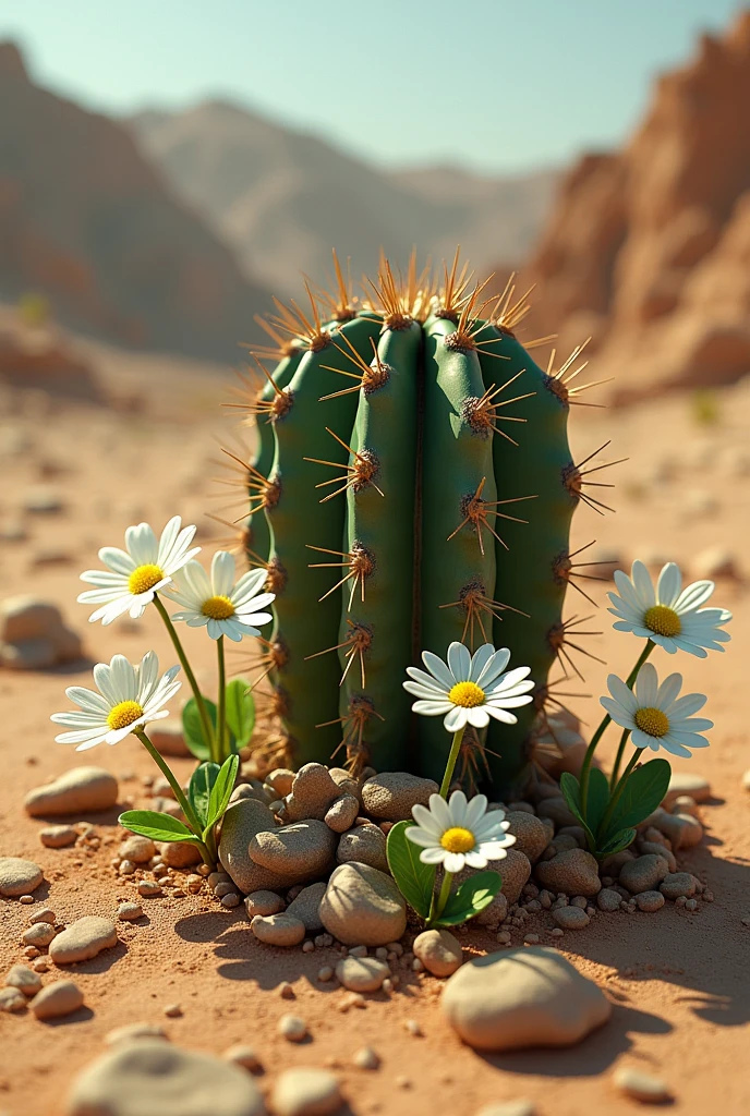 A destroyed cactus with daisies 
