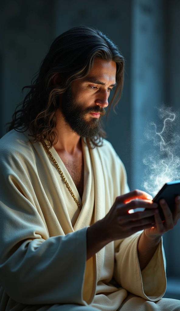 JESUS looking at the screen, long clothes, religion, Ultra photo realistic