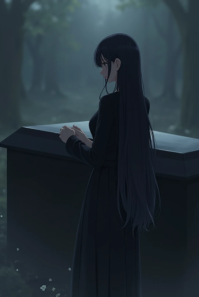 A beautiful, lovely, long-haired woman is wearing a neat black dress at a funeral, and she is standing next to her friend's large coffin. She looks sad, and the atmosphere is sad. Anime