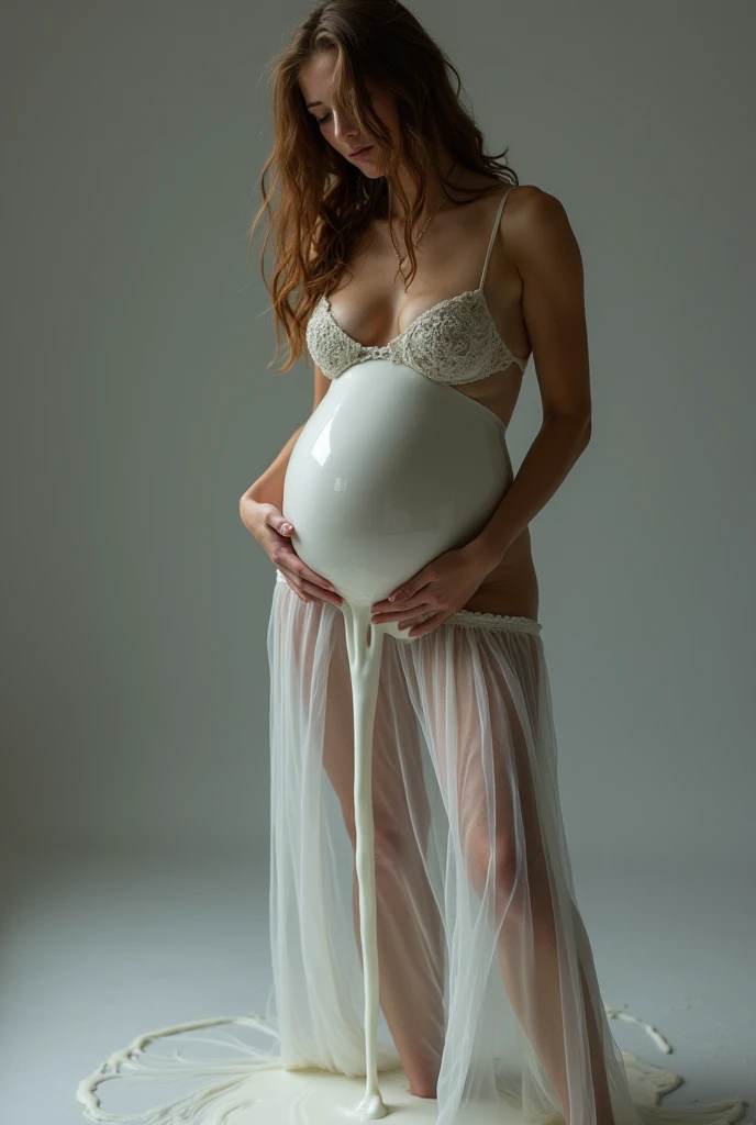 Woman with "white semen falling like liquid" coming out from below the navel"whole body"