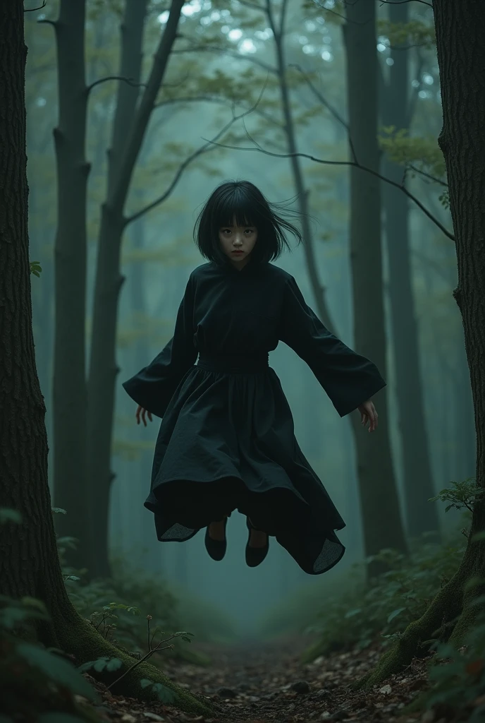 Depressed girl、Japanese、Black Hair、Bobcut、Pale complexion、Are thin、Ninja、Jumping between trees、Deep woods、Real、Photographic precision