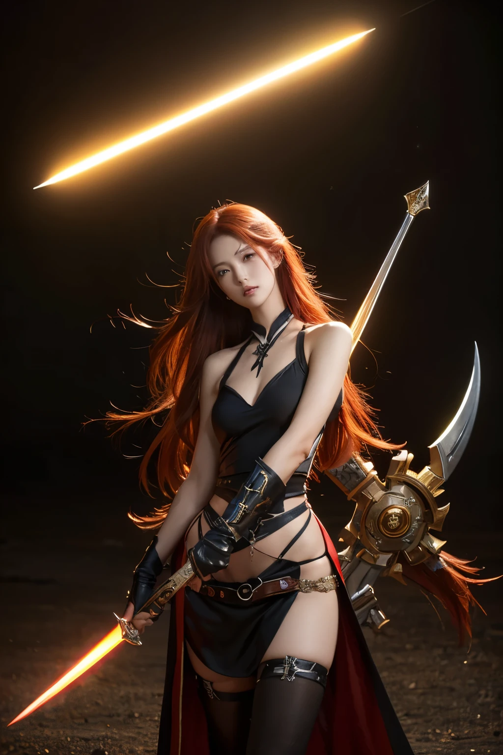 beautiful young woman with long red hair, holding a sword, guilty gear art style, guilty gear strive splash art, highly detailed digital anime art, stunning anime character art, by artist Yang J, 2.5D CGI anime fantasy artwork, epic and exquisite character art, trending on artstation and pixiv, toned abs, slender body, (best quality,4k,8k,highres,masterpiece:1.2),ultra-detailed,(realistic,photorealistic,photo-realistic:1.37),HDR,UHD,studio lighting,ultra-fine painting,sharp focus,physically-based rendering,extreme detail description,professional,vivid colors,bokeh