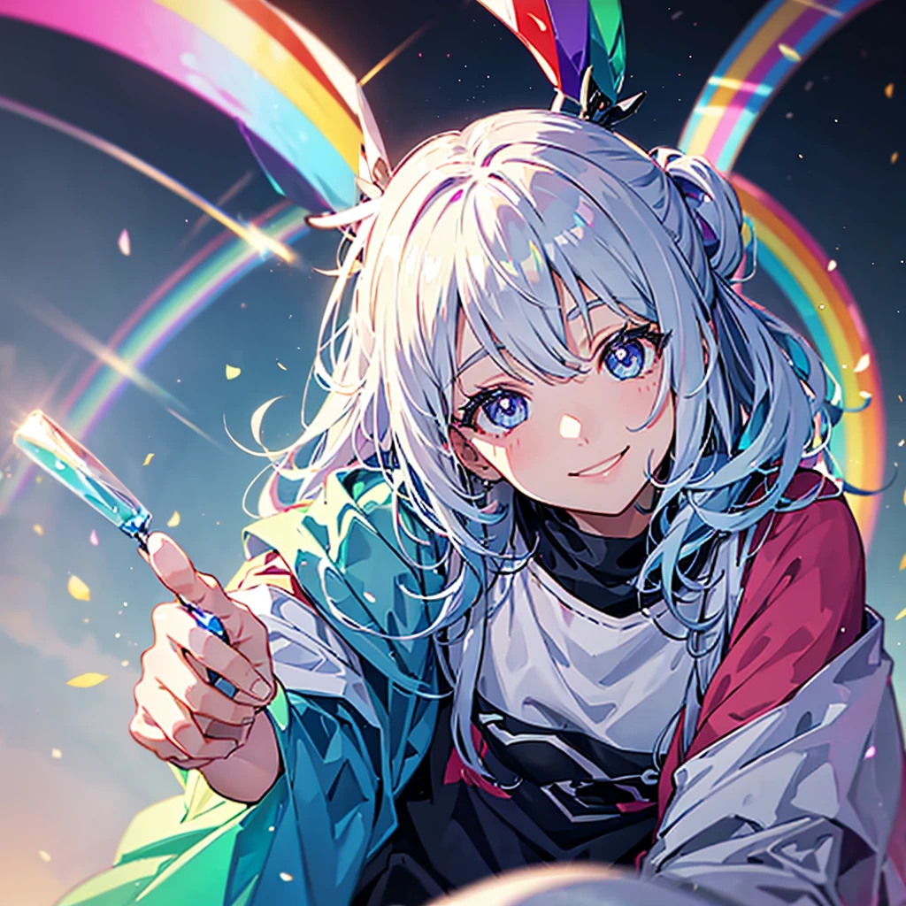 Rainboow colored eyes, smilling