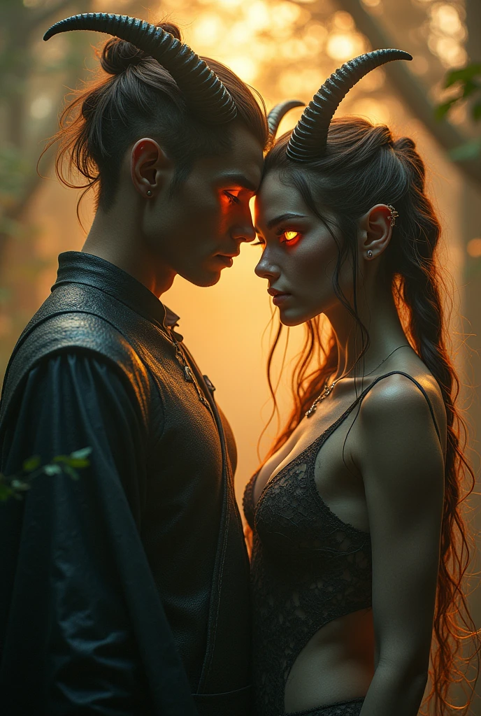 two people couple, realistic, tall, side by side, horns, orange eyes, elf ears, perfect anatomical body, wide angle view, cinematic lighting, dramatic colors, highly detailed, 8k, photorealistic