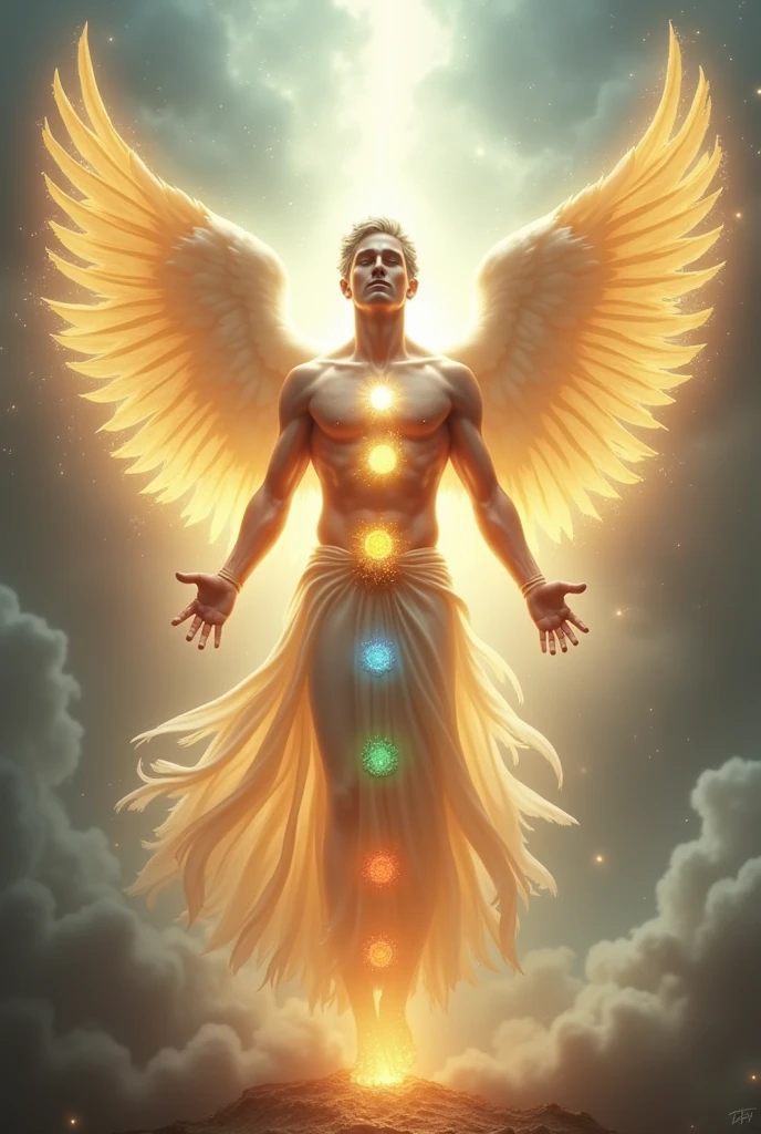 Create a glowing winged male angel image with the 7 chakras for YouTube