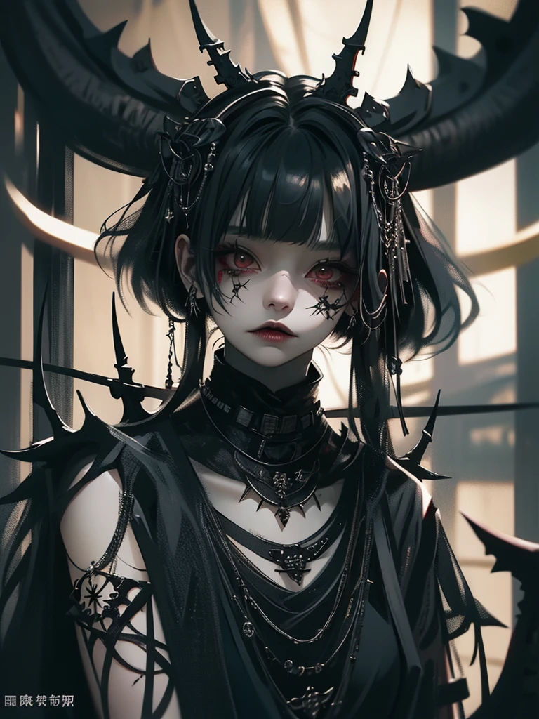 Highest quality、8K、masterpiece:1.3、Gothic Punk、The inside is red、Black-haired、hair ornaments、Beautiful girl、creative、Dark Fantasy Style、Neogoth、Goth Fashion:1.2、Yellow Eyes、I can see the fangs、Castle at night