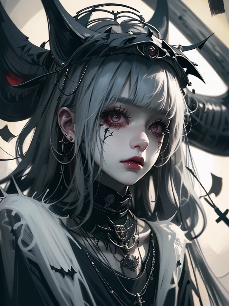 Highest quality、8K、masterpiece：1.3、Gothic Punk、The inside  is red、Black-haired、hair ornaments、Beautiful girl、creative、Dark Fantasy Style、Neogoth、Goth Fashion：1.2、Yellow Eyes、I can see the fangs、Castle at night