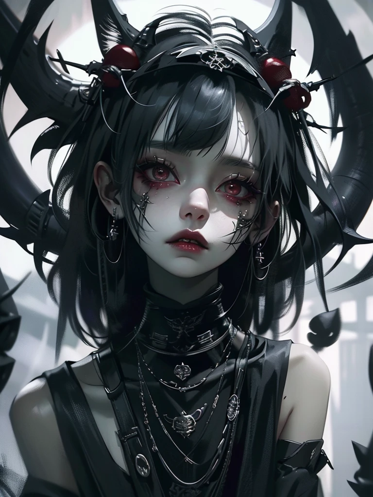 Highest quality、8K、masterpiece:1.3、Gothic Punk、The inside is red、Black-haired、hair ornaments、Beautiful girl、creative、Dark Fantasy Style、Neogoth、Goth Fashion:1.2、Yellow Eyes、I can see the fangs、Castle at night