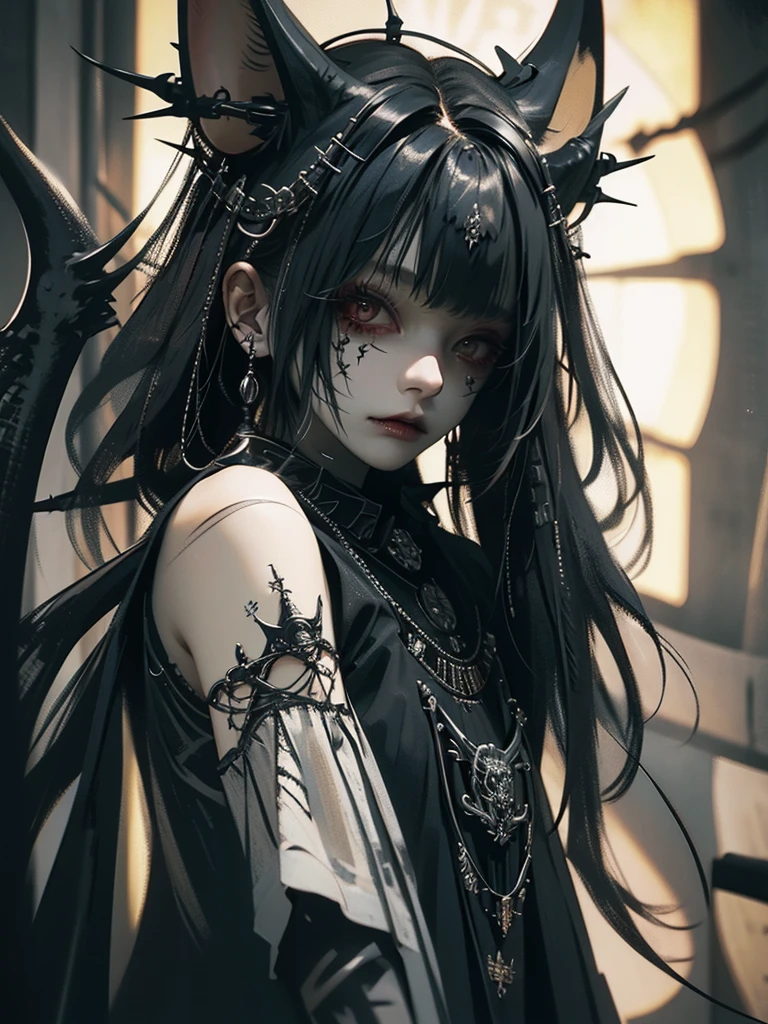 Highest quality、8K、masterpiece：1.3、Gothic Punk、The inside  is red、Black-haired、hair ornaments、Beautiful girl、creative、Dark Fantasy Style、Neogoth、Goth Fashion：1.2、Yellow Eyes、I can see the fangs、Castle at night