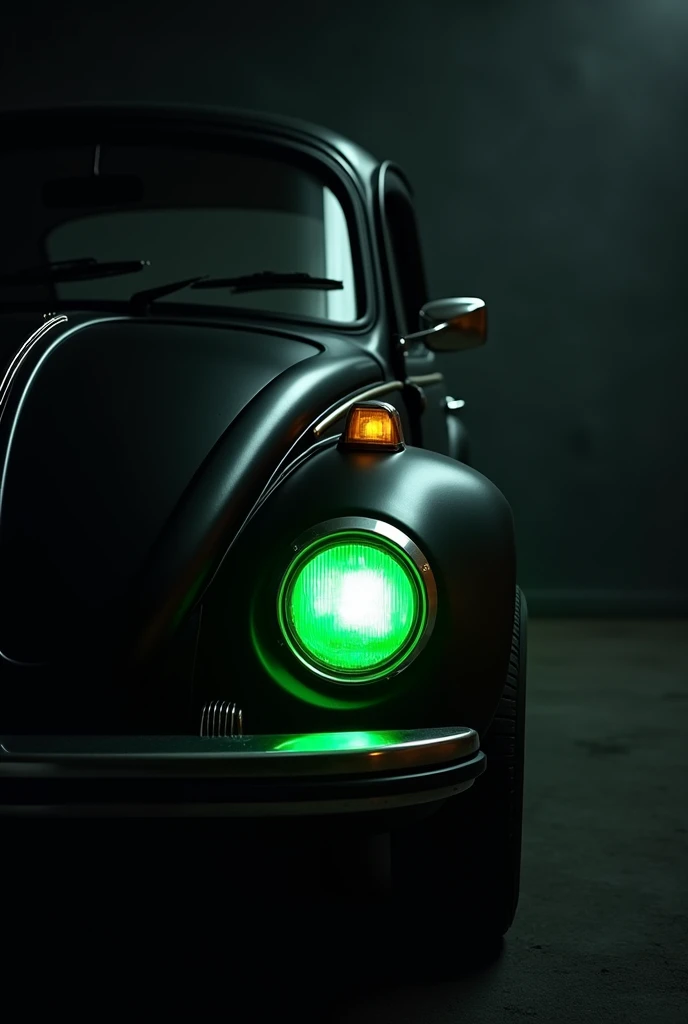 Creates a closer image with a black background of a black 1980 Beetle with two green headlights