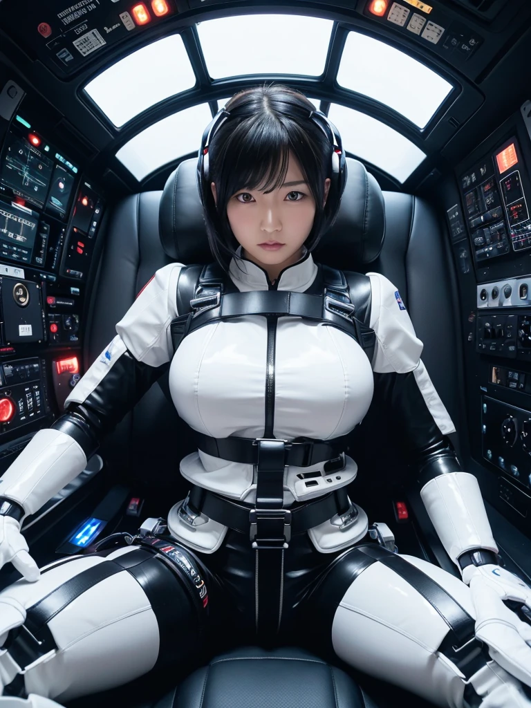 Japanese female android,Black Hair,The spaceship's cockpit,The passenger is completely secured in the reclining seat by a thick harness belt.,Chubby,Big Breasts,Spread your legs,Squat,Shiny white robot suit,Robotic arms and legs,Surrounded by switches and monitors,