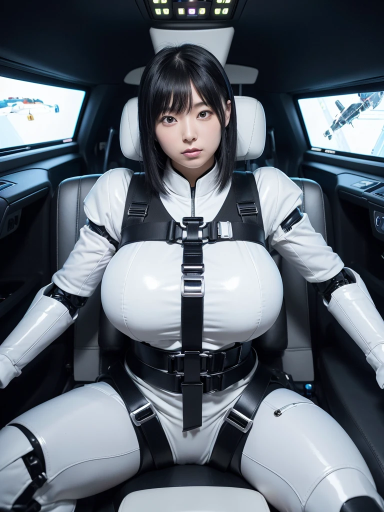 Japanese female android,Black Hair,The spaceship's cockpit,The passenger is completely secured in the reclining seat by a thick harness belt.,Chubby,Big Breasts,Spread your legs,Squat,Shiny white robot suit,Robotic arms and legs,Surrounded by switches and monitors,