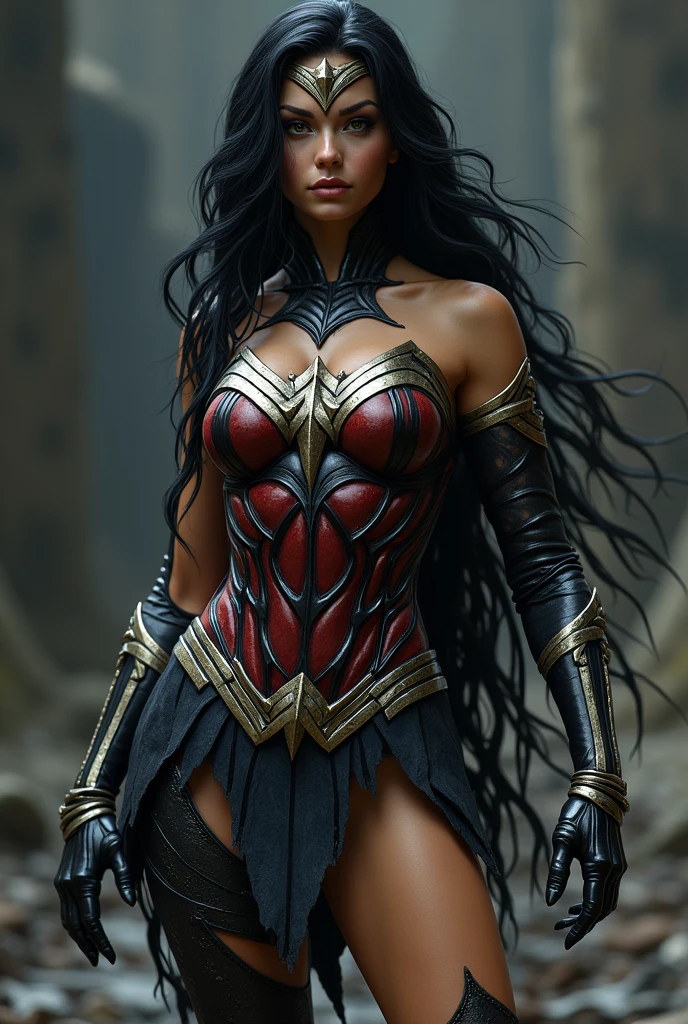 (((Symbiote fused with Spiderman Wonder Woman ))),(((A beautiful woman with long black hair under the mantle of the Amazon warrior Wonder Woman))),(((Wonder Woman emblem on her chest))),(((corset negro))),(((Long black boots up to her knees))),(((With Symbiote skin running all over his skin))) Black metal bracelets))),(((Simbionte Spiderman))),(((Wonder Woman emblem on her chest)))