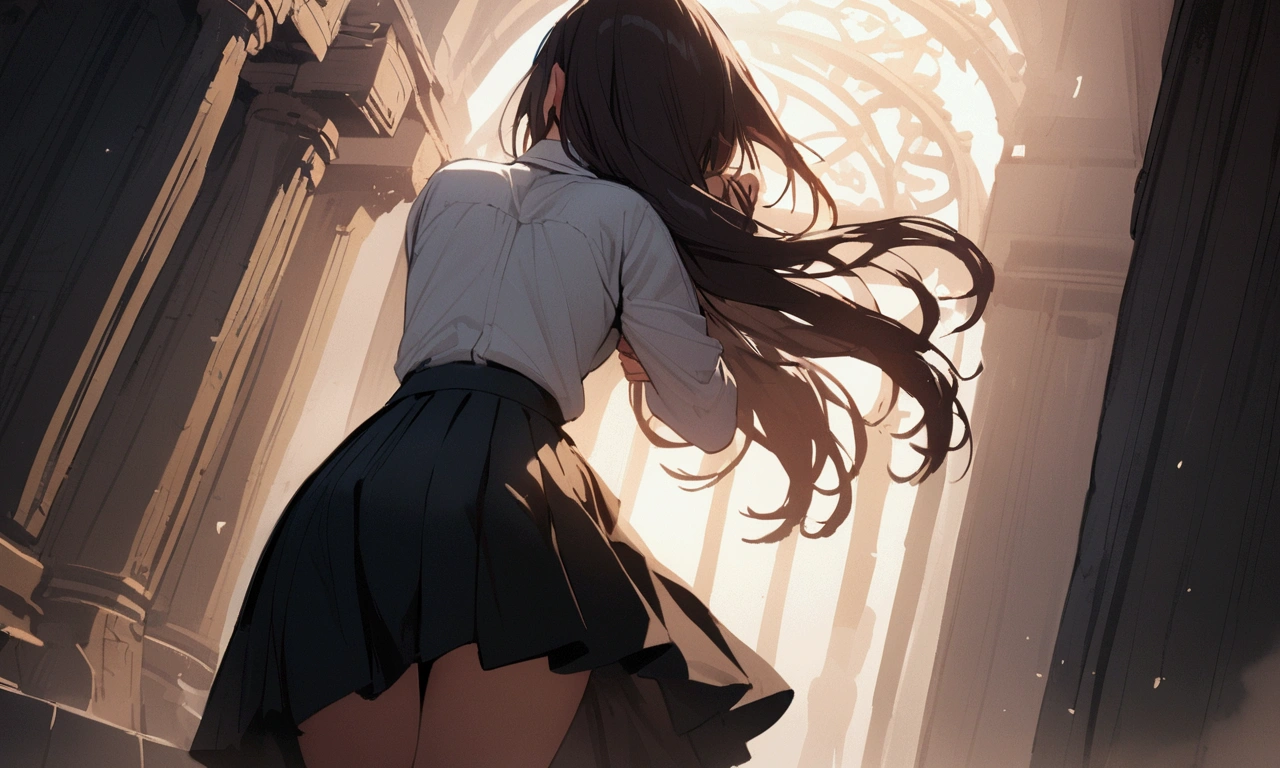 skirt lift, dark hair, young woman, furrowed brow, from behind