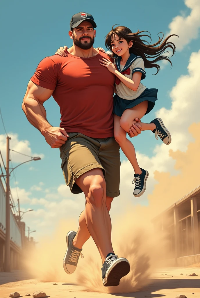 Muscular man wearing a shirt with long shorts Long loose shorts With pockets on the sides with converse sneakers red T-shirt and brown shorts Long short, Normal musculature With beard and baseball cap Realistic musculature. Carrying in his arms Short petite adult woman with long pigtails and school uniform Sailor uniform with short skirt While running very fast kicking up dust anime style 2D