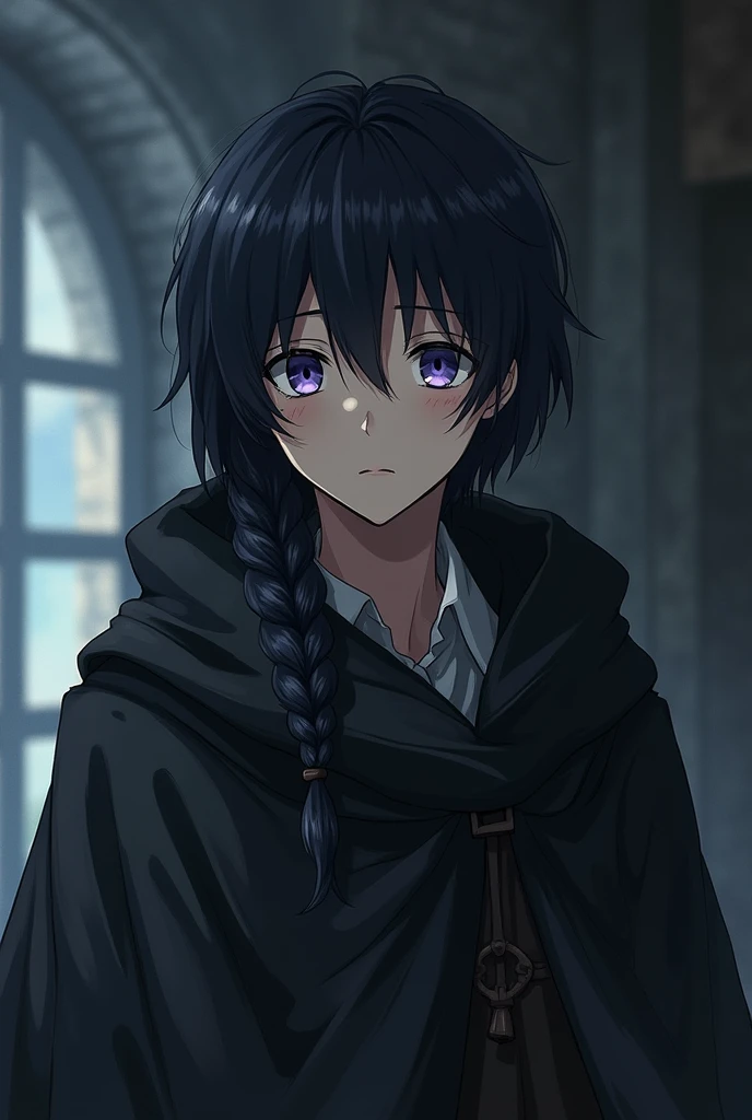 Fantasy Character. adult man, shoulder length black hair with a braid on the left side, purples eyes, fair skin with dark circles under the eyes, a lazy, sleepy expression. Medieval era anime style. Wearing an old black cloak.