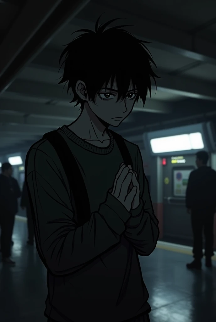 a male manga character with medium long hair with a feeling of shame in black and white with a dark background in public in Japan with a subway in the background