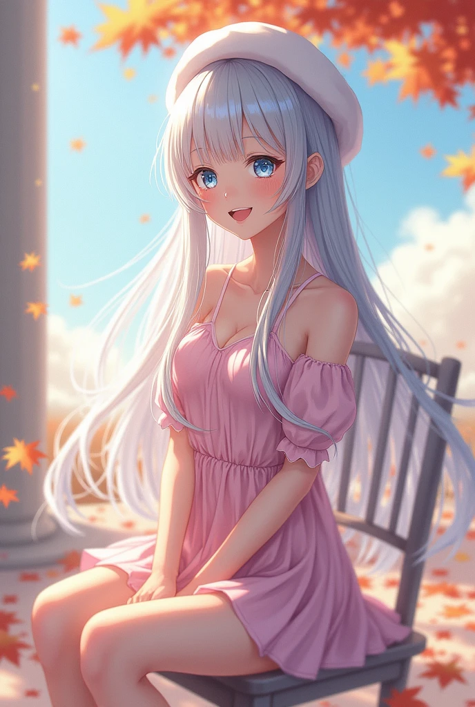 masterpiece, best quality, ultra detailed, 1 girl, 20 years old, Autumn leaves, autumn, long silver hair, light blue eyes, pink mini skirt, pink dress, white beret, sitting on chair, a girl with a translucent appearance, sky, gentle expression, full body shot, laughing, happy expression