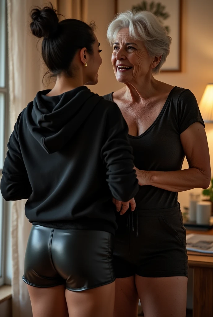 black woman hair in a bun black hoodie black leather short shorts being fucked in the ass by a old grandma in a dress