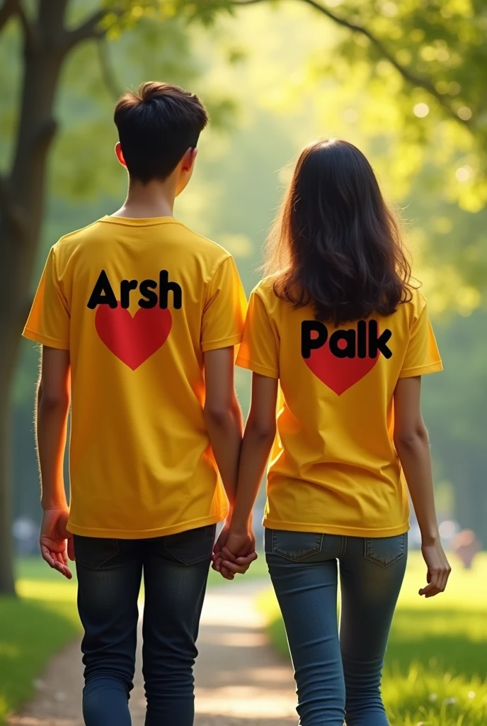 A young couple, enjoying a peaceful movement on a park, both wearing yellow t shirts then boy's t shirt has tha name is ARSH written in deep black letters positioned above a red heart similarly the girls t shirts
featuras the name PALK dark black letters aiso above a heart and don't show her faces