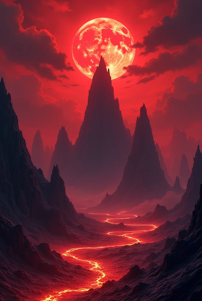 Littles mountains with magma with a red sky full of cloud with a blood moon