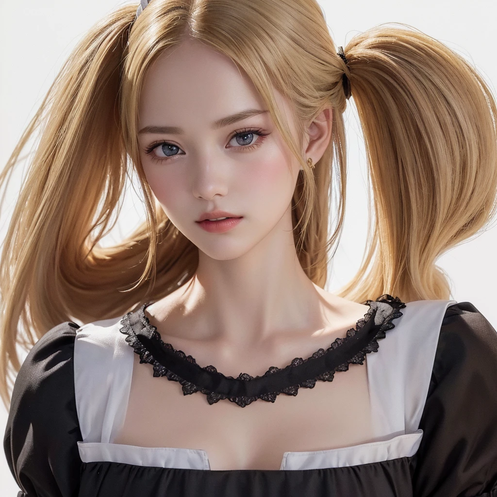 (Highest quality、8k、32K、masterpiece)、(Realistic)、(Realistic:1.2)、(High resolution)、Very detailed、Very beautiful face and eyes、1 girl、Round and small face、Tight waist、Delicate body、(close、Highest quality、Attention to detail、Rich skin detail)、(Highest quality、8k、Oil paints:1.2)、Very detailed、(Realistic、Realistic:1.37)、Bright colors、(((blonde)))、(((Bust Shot)))、(((Long Hair)))、(((Pure white wall background)))、(((Pure white wall background)))、(((黒のMaid clothes)))、(((Also々Has a cunning look)))、(((Serious face)))、(((Maid clothes)))、(((Look straight ahead)))、(((Long golden hair)))、(((Teeth are visible)))、