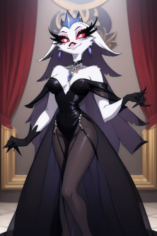 (best quality, masterpiece:1), furry female anthro stella, closed mouth, smile, wide-eyed, white pupils, black dress, black gloves, blue dress, cape, earrings, fangs, hair ornament, jewelry, long dress, necklace, see-through, 1girl, Solo, 