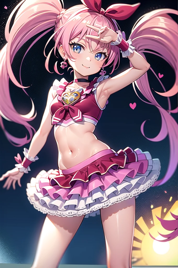 Cure Melody, belly button, Pink hair ribbon:1.2, hair band, Pink knee socks, Pink Shoes, Wrist cuff, Twin tails, gem, Frills, Anime Coloring, Highest quality,  View your viewers, alone, Contrasting, Spread your armpits, Put your arms behind your head, smile, View your viewers, (Cowboy Shot:1.5), Mouth closed, Night Sky, Beach,