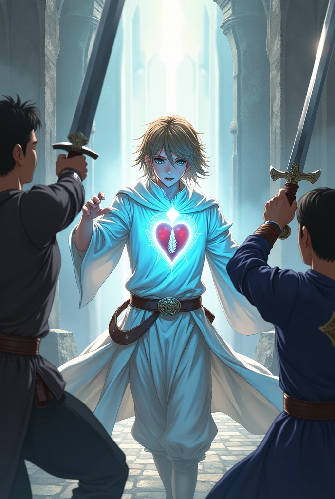 a young half-elf man with delicate, feminine features and shoulder-length light brown hair.
 
wearing white medieval clothing with a symbol of a light blue feather over a red heart drawn on the clothes at chest height.

 protecting innocents with a barrier of light against sword attackers in the style of a medieval anime drawing
