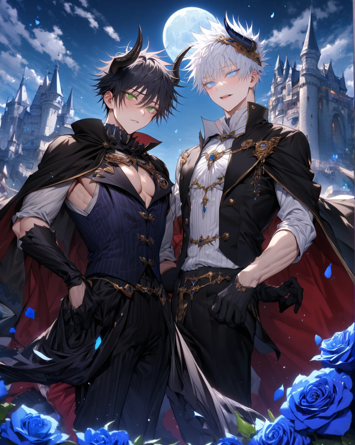 absurdres, highres, ultra detailed, HDR, master piece, Gojou Satoru, white hair with bangs, white eyelashes, expressive blue eyes, black cape, black and white prince clothes, Fushiguro Megumi, black hair, expressive green eyes, black prince clothes, Jujutsu Kaisen, accessories, two sexy man together, handsome, best quality, fantasy, magical, solo, sensual, moon, blue sky, manly man, glittering, gay couple, yaoi, castle, blue petals, demon, black horns, blue roses, black gloves