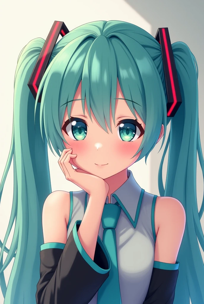 Hatsune Miku smiling with her chin resting on her hand