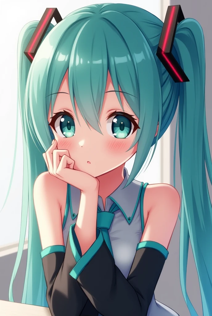 Hatsune Miku smiling with her chin resting on her hand