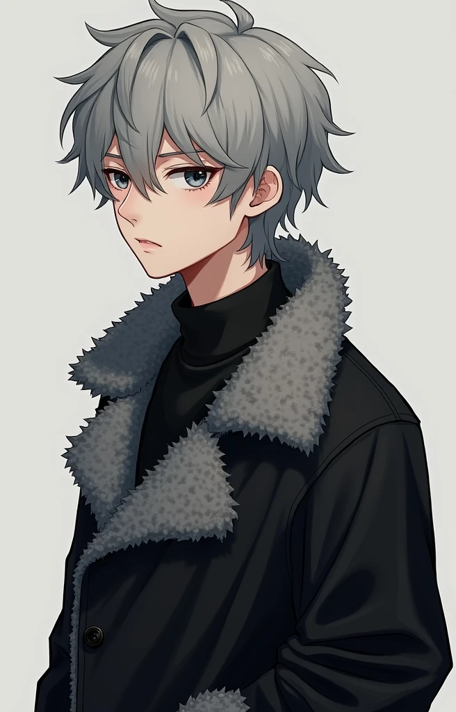 Age 18, realistic human, Japanese male, gray fluffy hair, black coat containing gray fluff, height 165cm