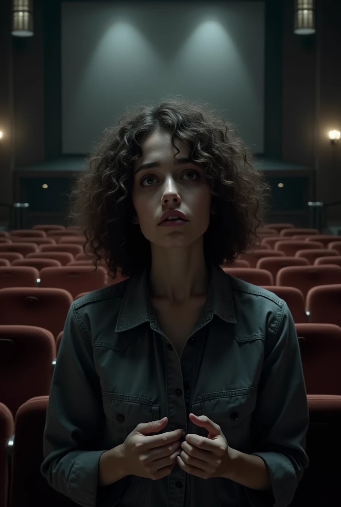 Create a brunette woman with curly hair, in an auditorium room, suffering from anxiety. The image must contain black and white colors among others and realistic expressions that demonstrate feelings.